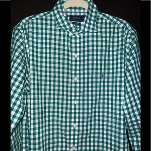 Polo Ralph Lauren Large Green Gingham Check Button Down No Iron Shirt